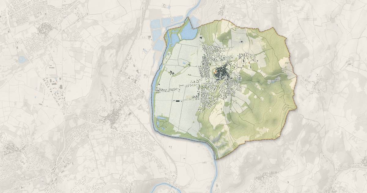 Portrait cartographique de Mirefleurs : relief, eau, forêts, bâti et voies, calculés à partir des données de l'IGN