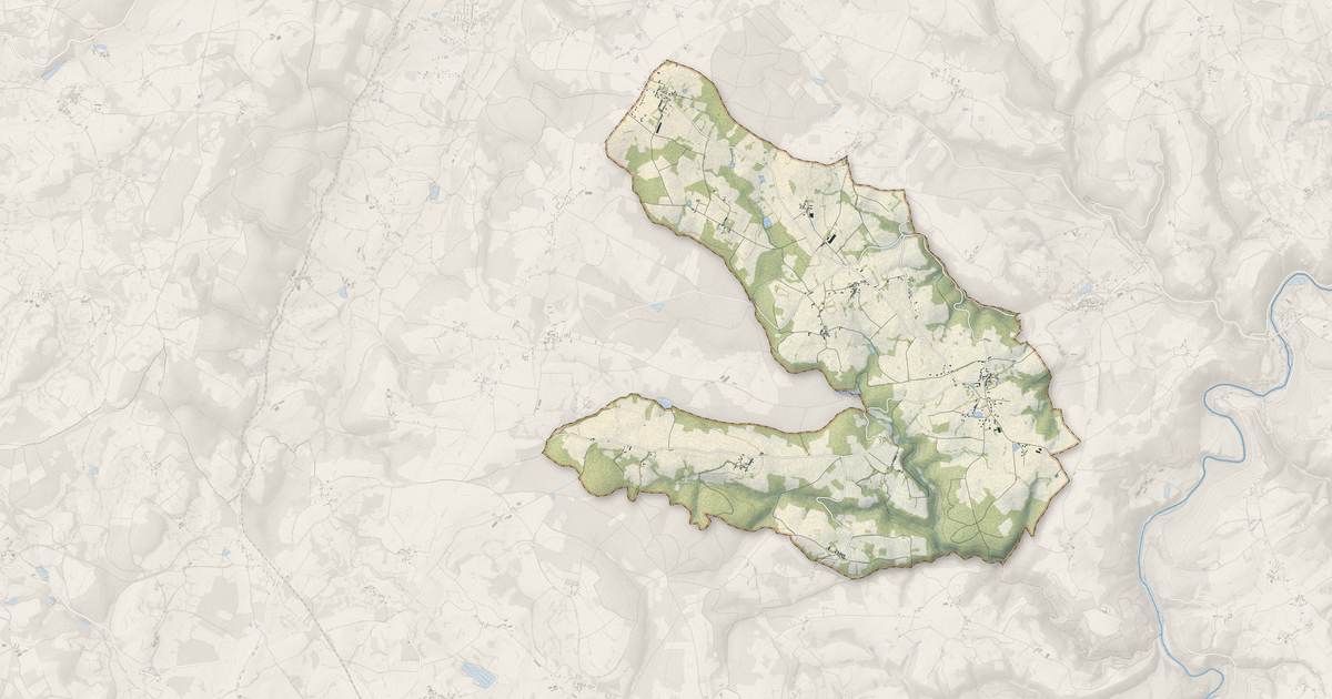 Portrait cartographique de Neuf-Église : relief, eau, forêts, bâti et voies, calculés à partir des données de l'IGN