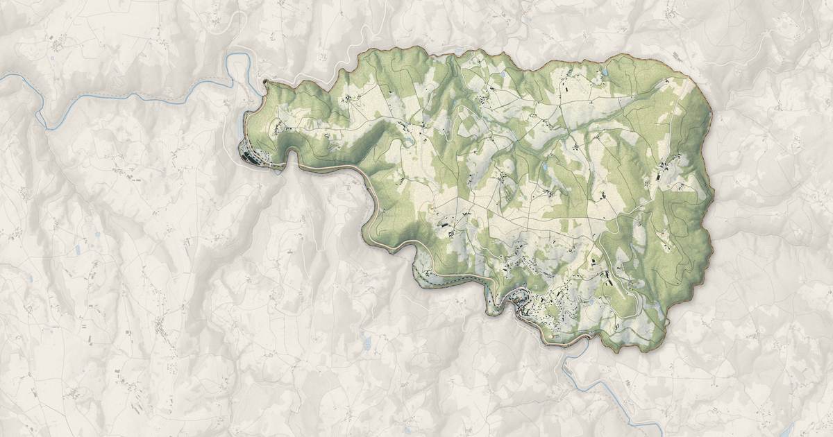Portrait cartographique de Olliergues : relief, eau, forêts, bâti et voies, calculés à partir des données de l'IGN