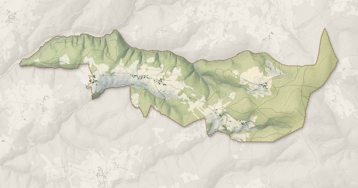 Portrait cartographique de Peslières : relief, eau, forêts, bâti et voies, calculés à partir des données de l'IGN