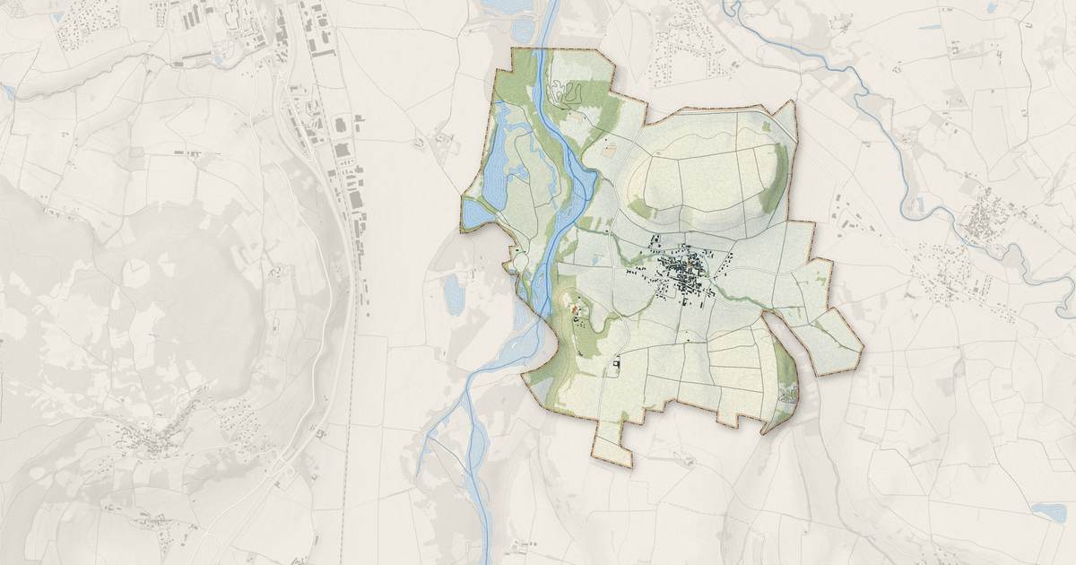 Portrait cartographique de Les Pradeaux : relief, eau, forêts, bâti et voies, calculés à partir des données de l'IGN