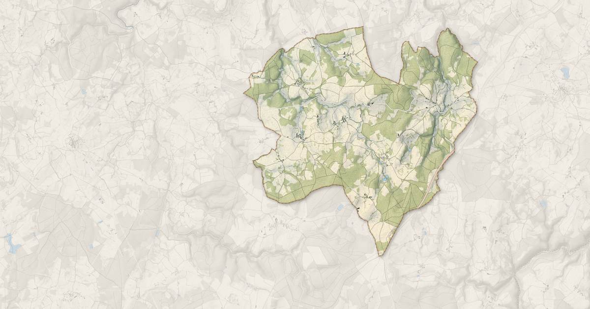Portrait cartographique de Prondines : relief, eau, forêts, bâti et voies, calculés à partir des données de l'IGN