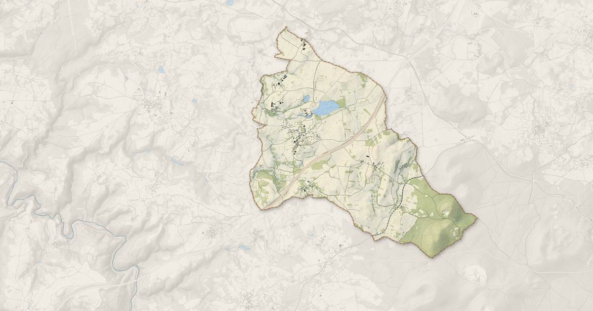 Portrait cartographique de Pulvérières : relief, eau, forêts, bâti et voies, calculés à partir des données de l'IGN