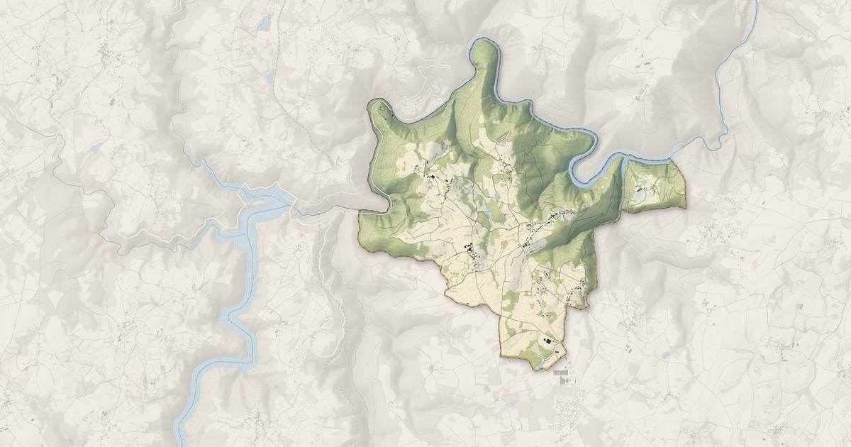 Portrait cartographique de Queuille : relief, eau, forêts, bâti et voies, calculés à partir des données de l'IGN