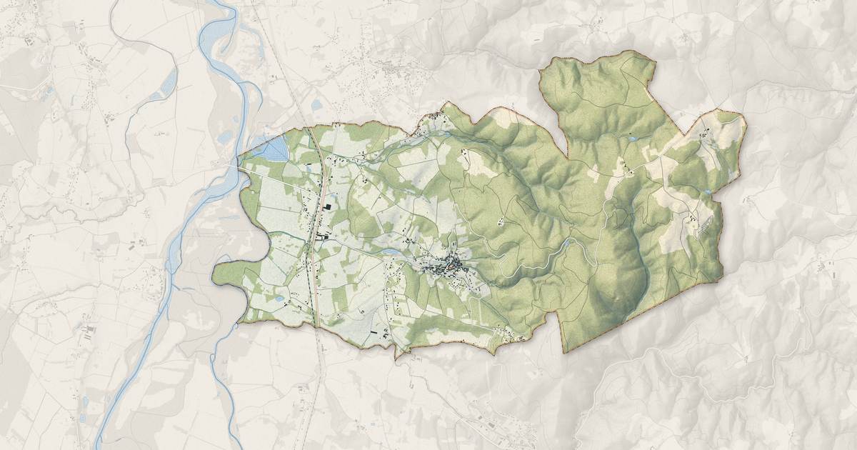 Portrait cartographique de Ris : relief, eau, forêts, bâti et voies, calculés à partir des données de l'IGN