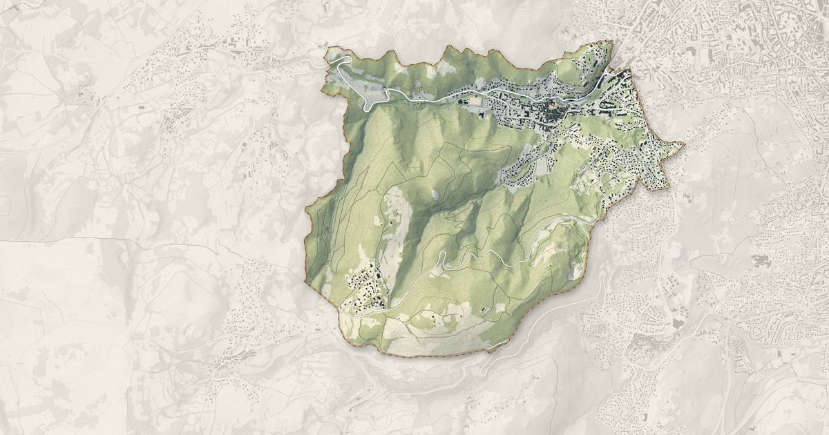 Portrait cartographique de Royat : relief, eau, forêts, bâti et voies, calculés à partir des données de l'IGN