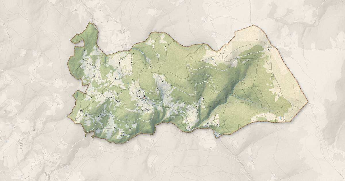 Portrait cartographique de Saint-Pierre-la-Bourlhonne : relief, eau, forêts, bâti et voies, calculés à partir des données de l'IGN