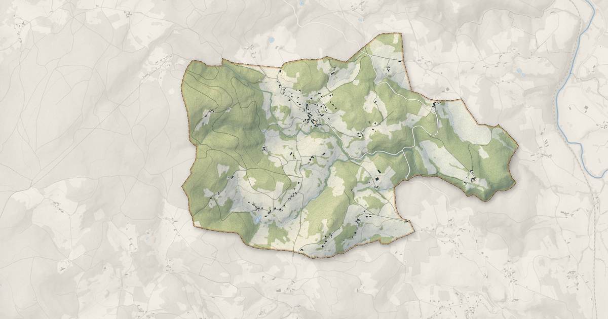 Portrait cartographique de Thiolières : relief, eau, forêts, bâti et voies, calculés à partir des données de l'IGN
