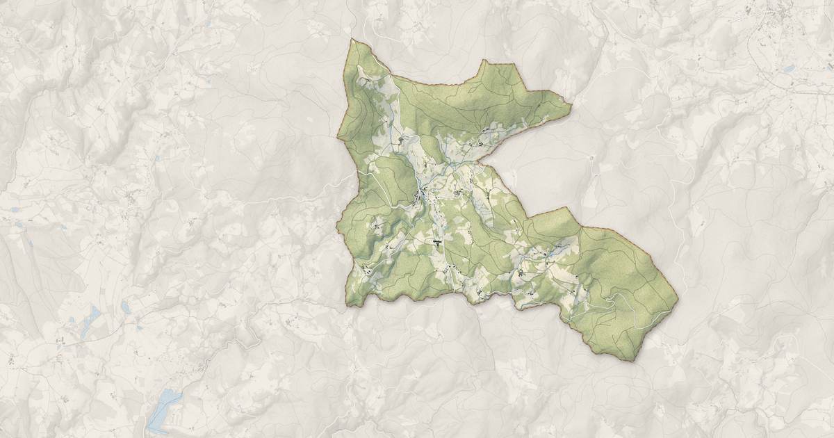 Portrait cartographique de Vollore-Montagne : relief, eau, forêts, bâti et voies, calculés à partir des données de l'IGN
