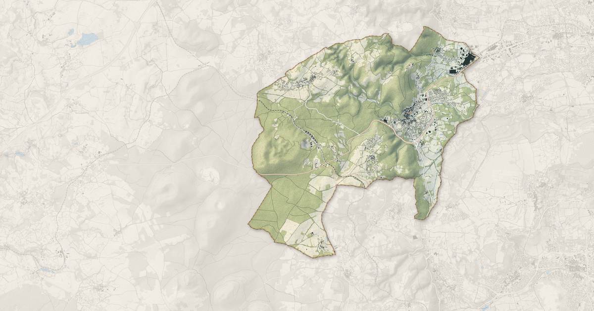 Portrait cartographique de Volvic : relief, eau, forêts, bâti et voies, calculés à partir des données de l'IGN