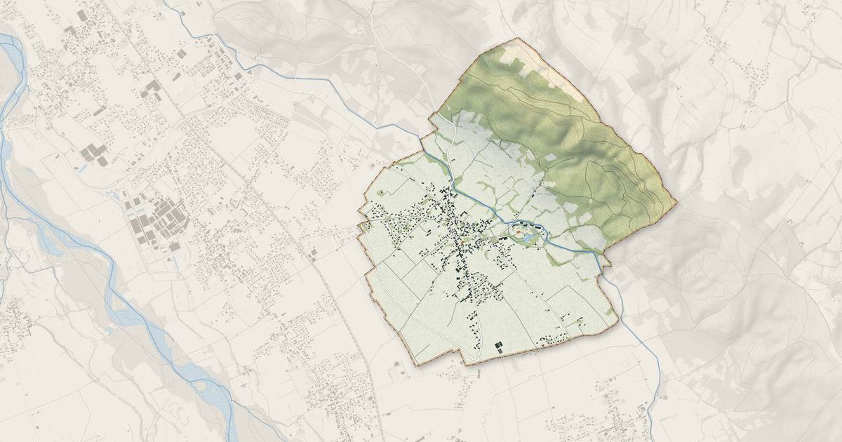 Portrait cartographique de Angaïs : relief, eau, forêts, bâti et voies, calculés à partir des données de l'IGN