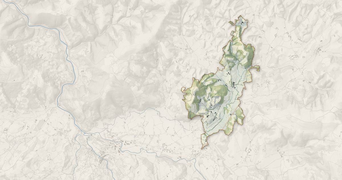Portrait cartographique de Bustince-Iriberry : relief, eau, forêts, bâti et voies, calculés à partir des données de l'IGN