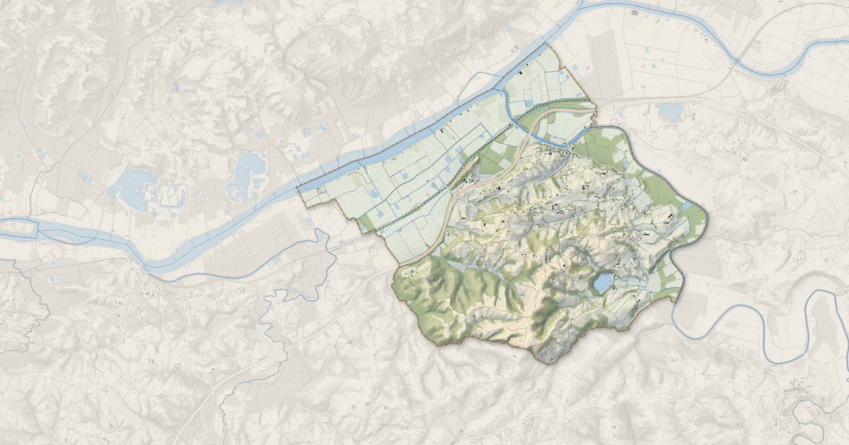 Portrait cartographique de Guiche : relief, eau, forêts, bâti et voies, calculés à partir des données de l'IGN