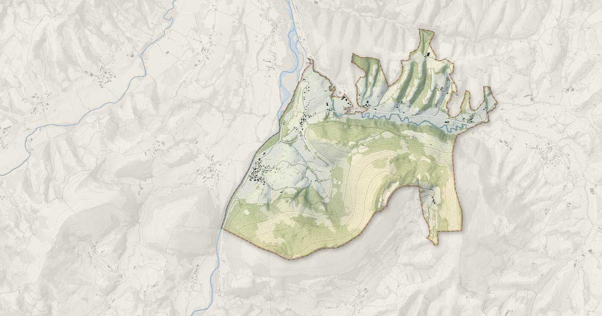 Portrait cartographique de Laguinge-Restoue : relief, eau, forêts, bâti et voies, calculés à partir des données de l'IGN