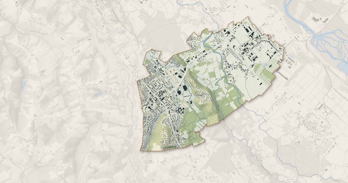 Portrait cartographique de Mourenx : relief, eau, forêts, bâti et voies, calculés à partir des données de l'IGN