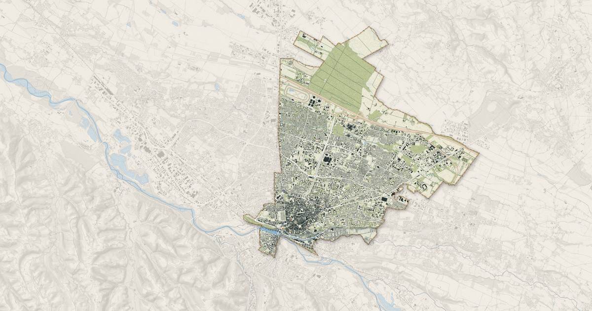 Portrait cartographique de Pau : relief, eau, forêts, bâti et voies, calculés à partir des données de l'IGN