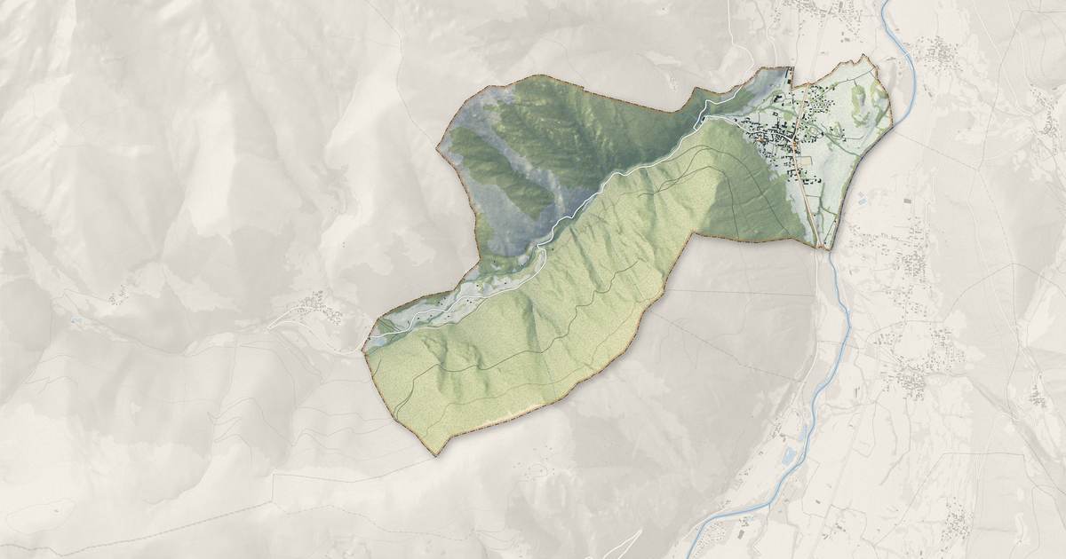 Portrait cartographique de Guchen : relief, eau, forêts, bâti et voies, calculés à partir des données de l'IGN