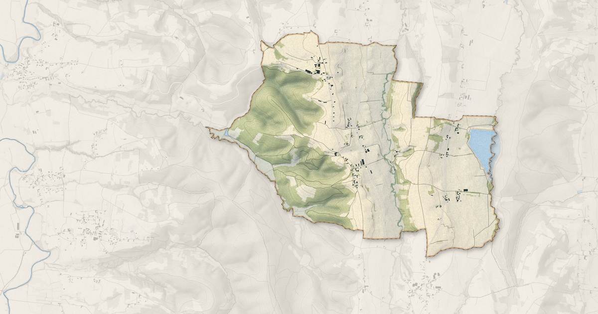 Portrait cartographique de Orieux : relief, eau, forêts, bâti et voies, calculés à partir des données de l'IGN