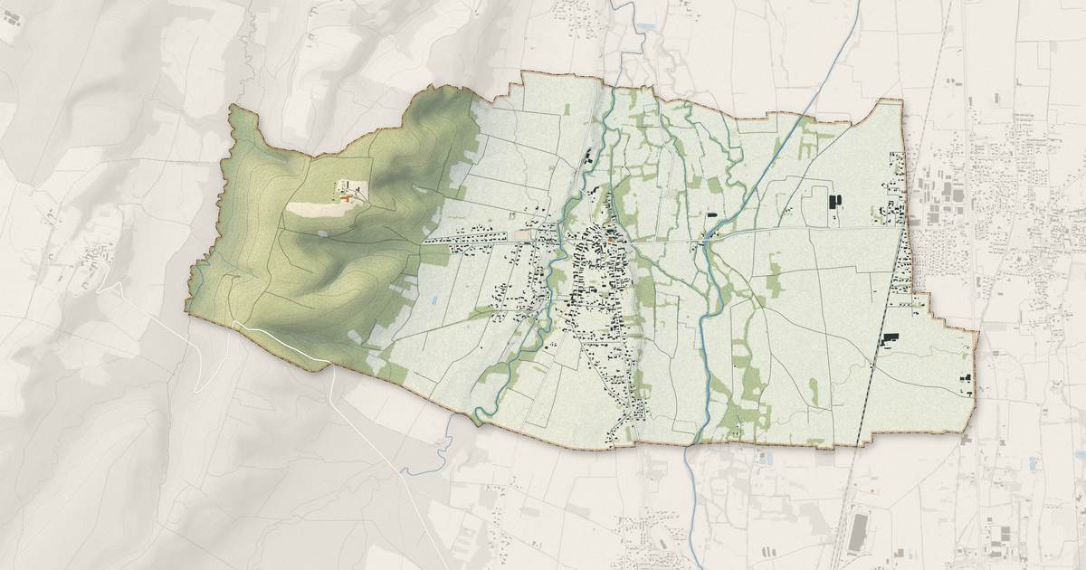 Portrait cartographique de Oursbelille : relief, eau, forêts, bâti et voies, calculés à partir des données de l'IGN
