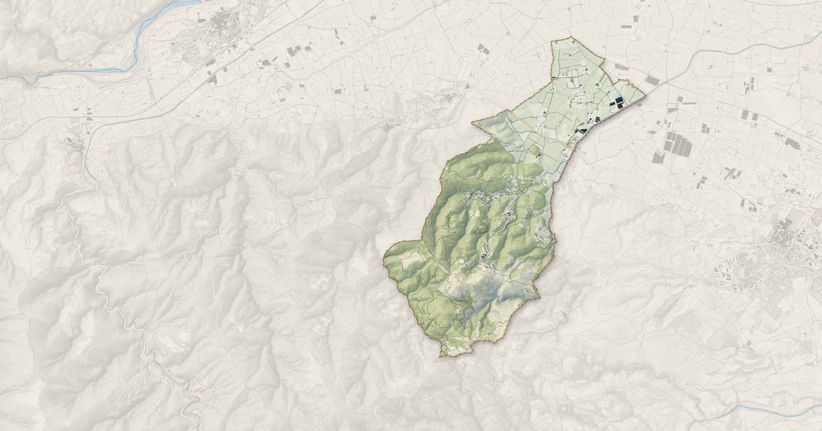 Portrait cartographique de Camélas : relief, eau, forêts, bâti et voies, calculés à partir des données de l'IGN