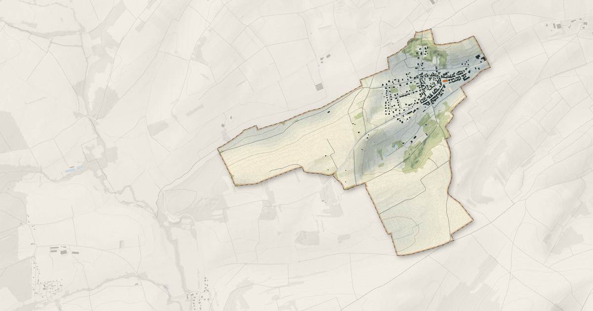 Portrait cartographique de Flexbourg : relief, eau, forêts, bâti et voies, calculés à partir des données de l'IGN