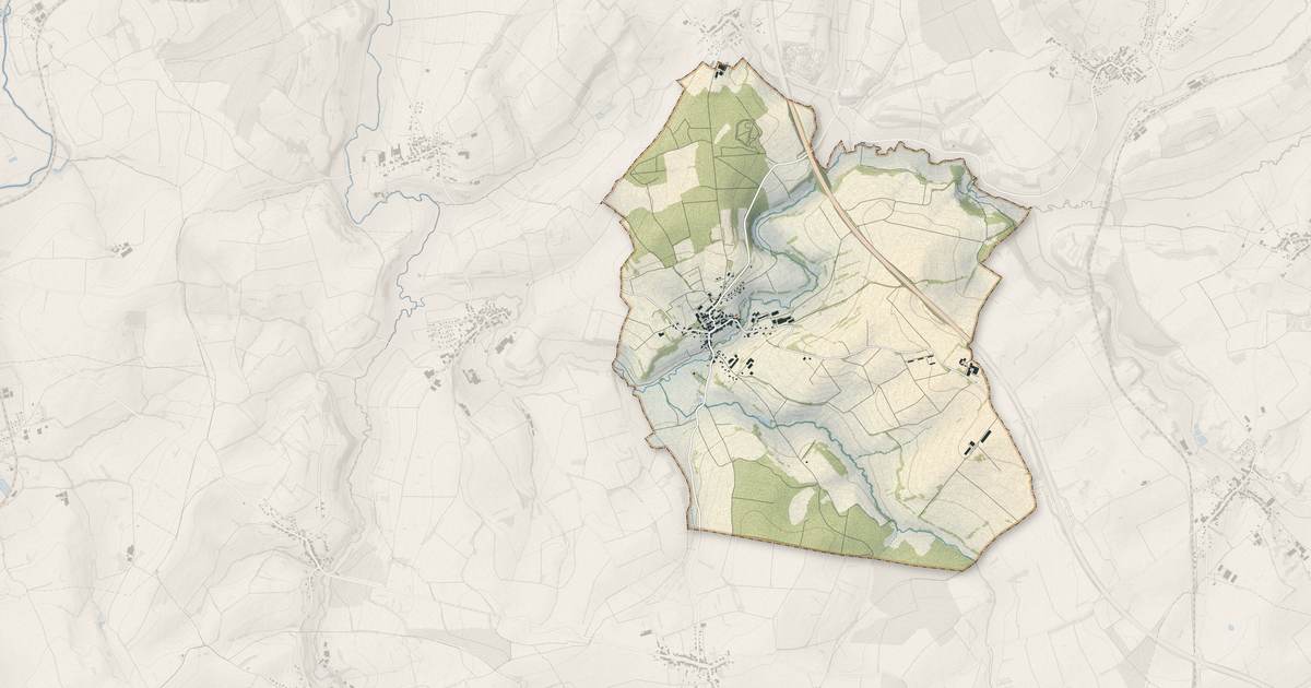 Portrait cartographique de Hirschland : relief, eau, forêts, bâti et voies, calculés à partir des données de l'IGN