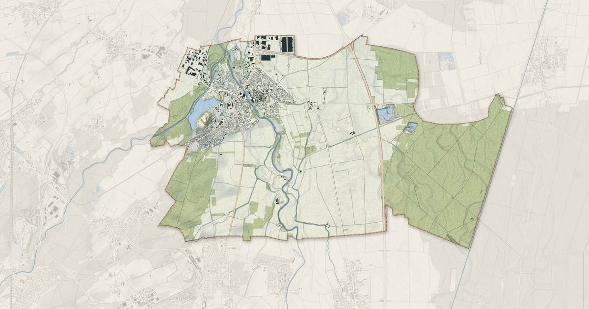Portrait cartographique de Ensisheim : relief, eau, forêts, bâti et voies, calculés à partir des données de l'IGN