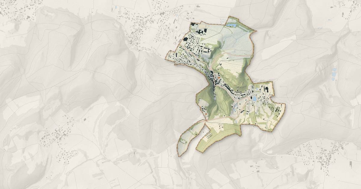 Portrait cartographique de Ferrette : relief, eau, forêts, bâti et voies, calculés à partir des données de l'IGN