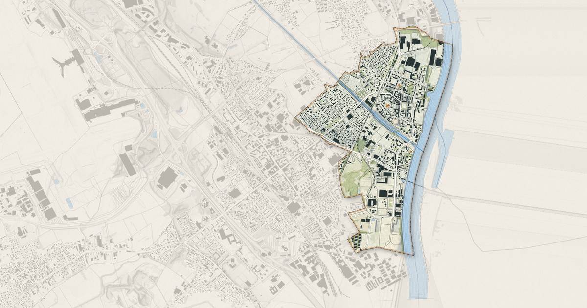 Portrait cartographique de Huningue : relief, eau, forêts, bâti et voies, calculés à partir des données de l'IGN