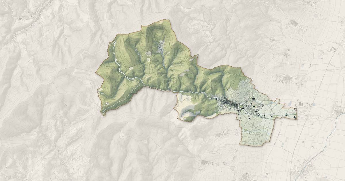 Portrait cartographique de Ribeauvillé : relief, eau, forêts, bâti et voies, calculés à partir des données de l'IGN
