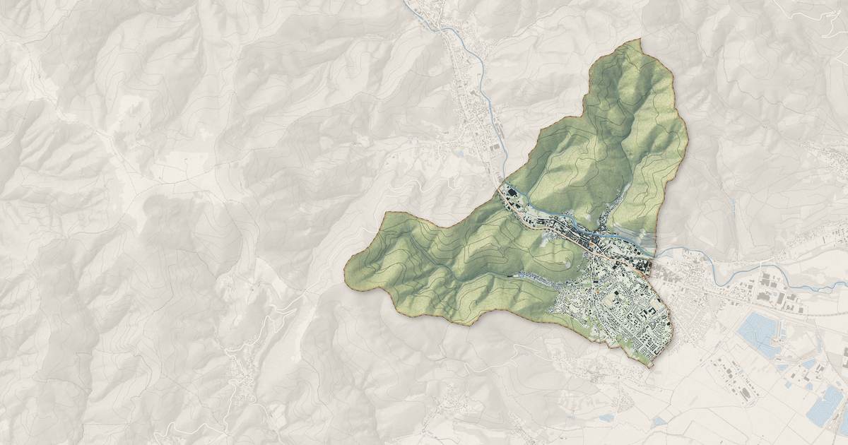 Portrait cartographique de Thann : relief, eau, forêts, bâti et voies, calculés à partir des données de l'IGN