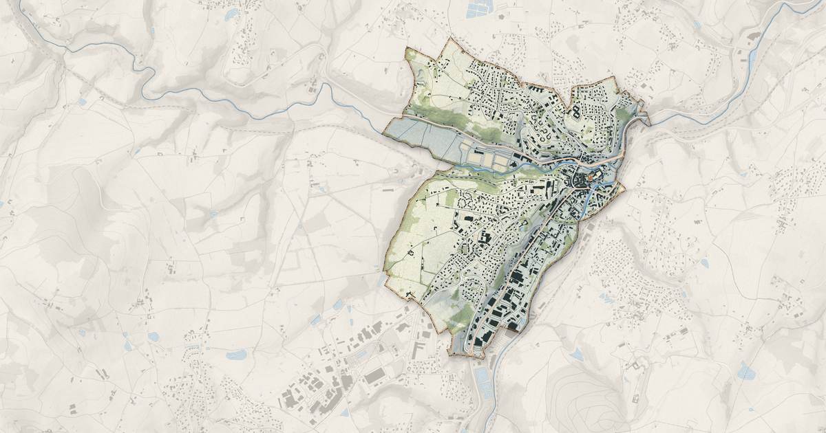 Portrait cartographique de L'Arbresle : relief, eau, forêts, bâti et voies, calculés à partir des données de l'IGN