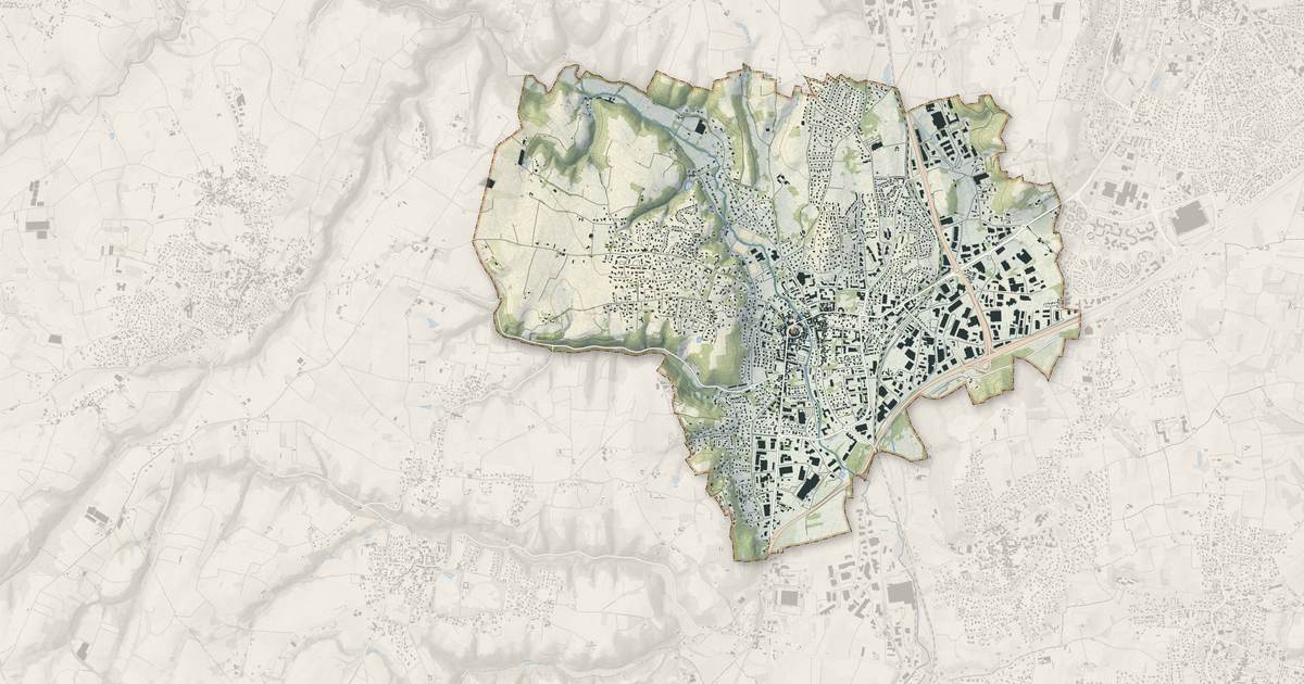 Portrait cartographique de Brignais : relief, eau, forêts, bâti et voies, calculés à partir des données de l'IGN