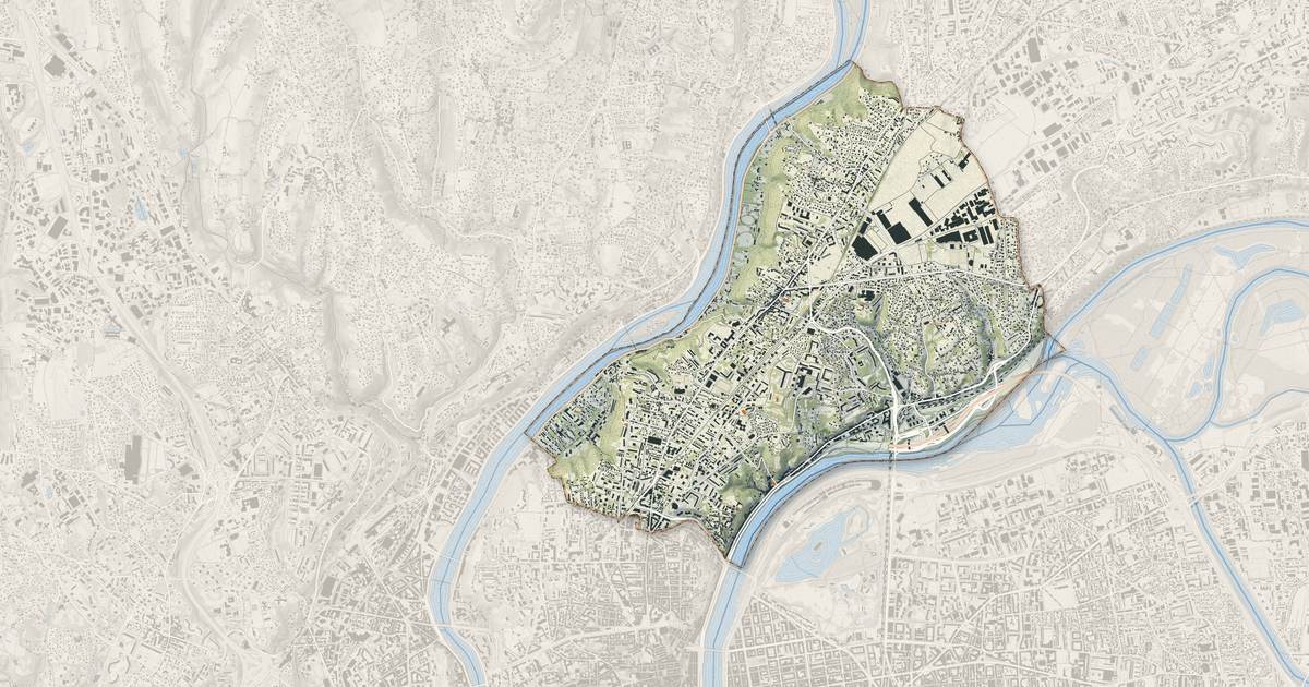 Portrait cartographique de Caluire-et-Cuire : relief, eau, forêts, bâti et voies, calculés à partir des données de l'IGN