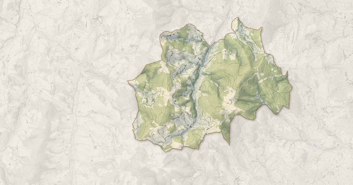 Portrait cartographique de Cenves : relief, eau, forêts, bâti et voies, calculés à partir des données de l'IGN