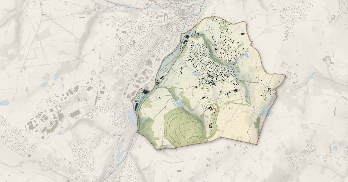 Portrait cartographique de Éveux : relief, eau, forêts, bâti et voies, calculés à partir des données de l'IGN