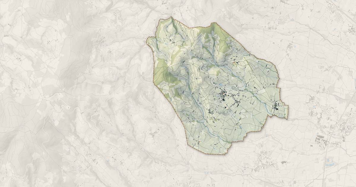 Portrait cartographique de Fleurie : relief, eau, forêts, bâti et voies, calculés à partir des données de l'IGN