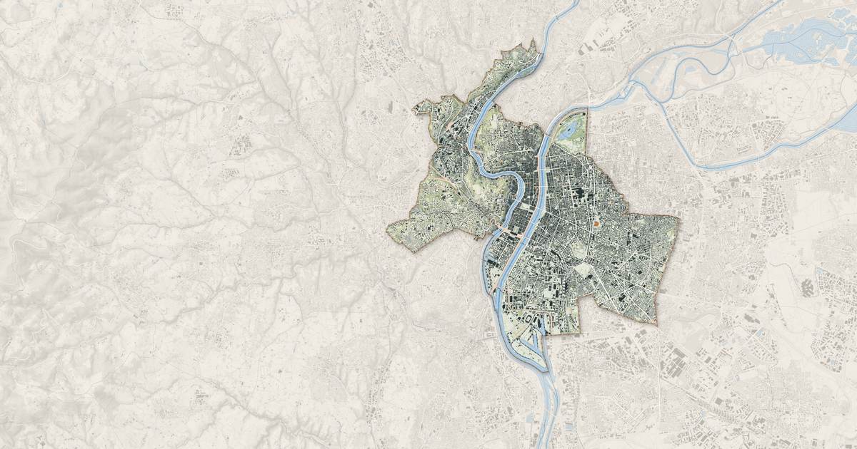 Portrait cartographique de Lyon : relief, eau, forêts, bâti et voies, calculés à partir des données de l'IGN