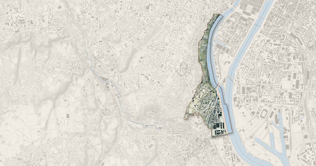 Portrait cartographique de La Mulatière : relief, eau, forêts, bâti et voies, calculés à partir des données de l'IGN