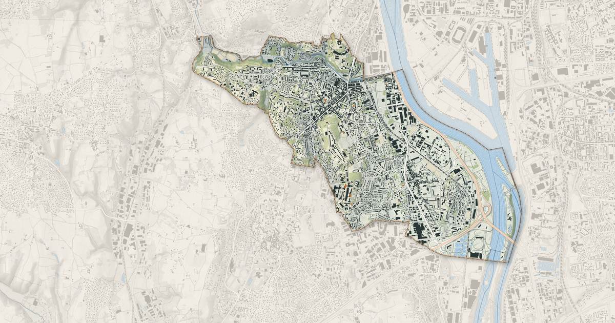 Portrait cartographique de Oullins-Pierre-Bénite : relief, eau, forêts, bâti et voies, calculés à partir des données de l'IGN