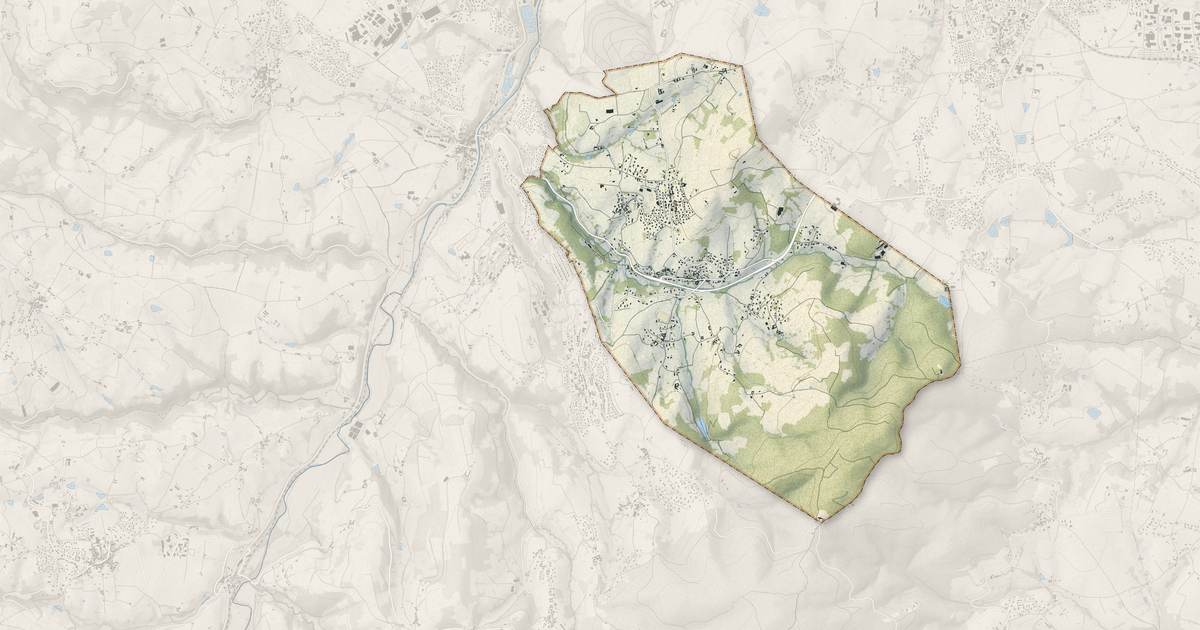 Portrait cartographique de Sourcieux-les-Mines : relief, eau, forêts, bâti et voies, calculés à partir des données de l'IGN