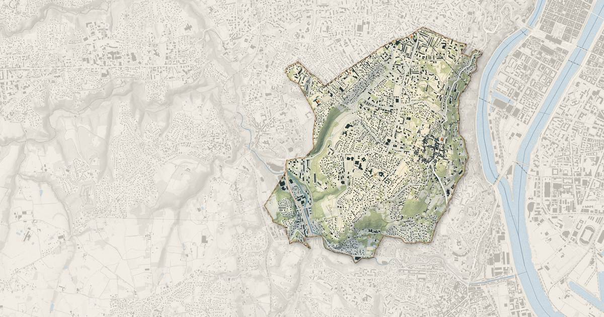 Portrait cartographique de Sainte-Foy-lès-Lyon : relief, eau, forêts, bâti et voies, calculés à partir des données de l'IGN
