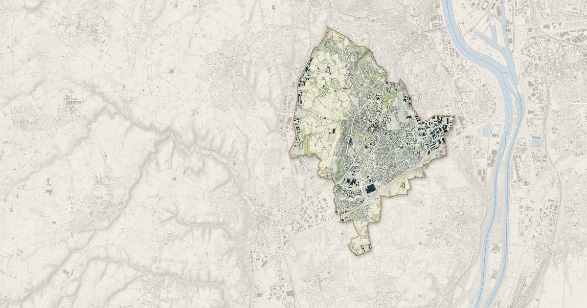 Portrait cartographique de Saint-Genis-Laval : relief, eau, forêts, bâti et voies, calculés à partir des données de l'IGN