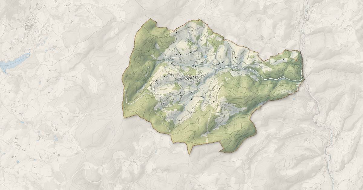 Portrait cartographique de Saint-Just-d'Avray : relief, eau, forêts, bâti et voies, calculés à partir des données de l'IGN