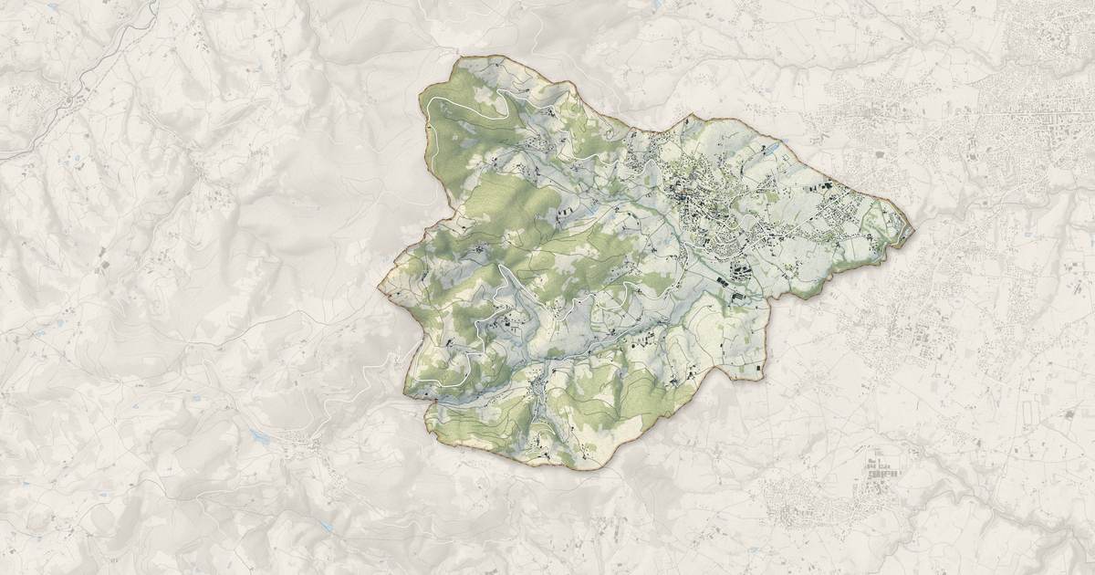 Portrait cartographique de Vaugneray : relief, eau, forêts, bâti et voies, calculés à partir des données de l'IGN