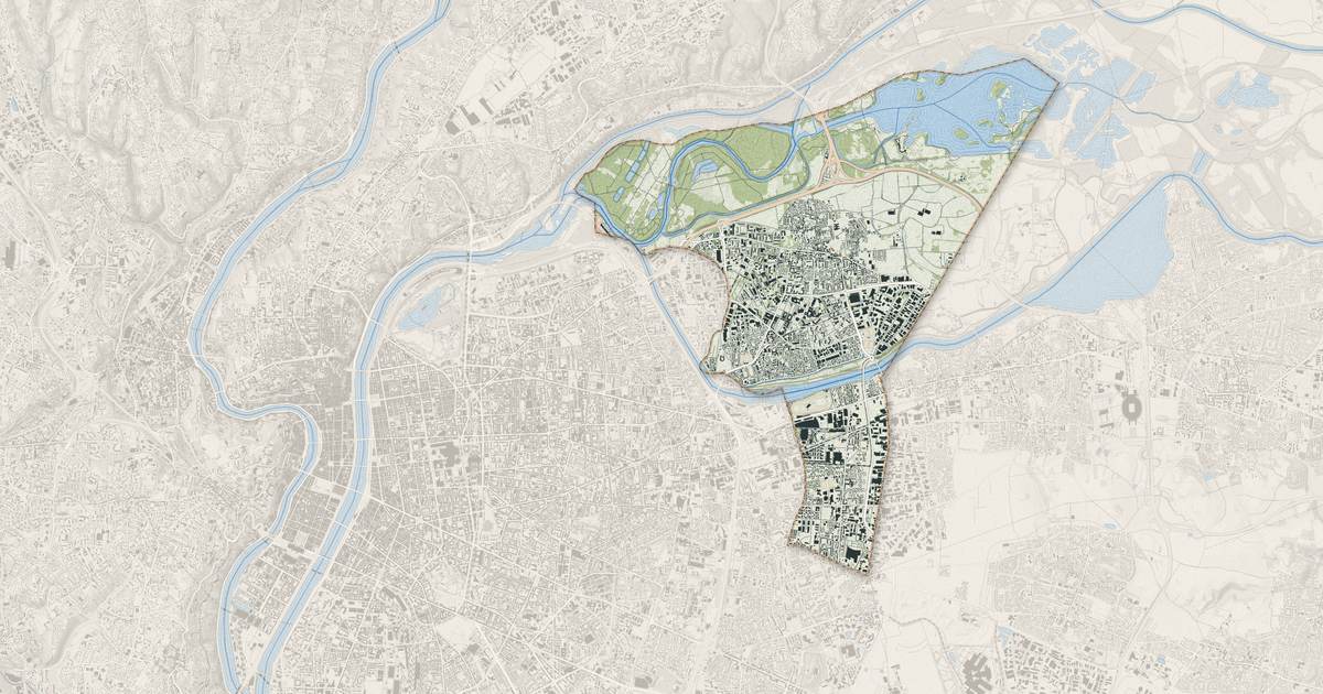 Portrait cartographique de Vaulx-en-Velin : relief, eau, forêts, bâti et voies, calculés à partir des données de l'IGN