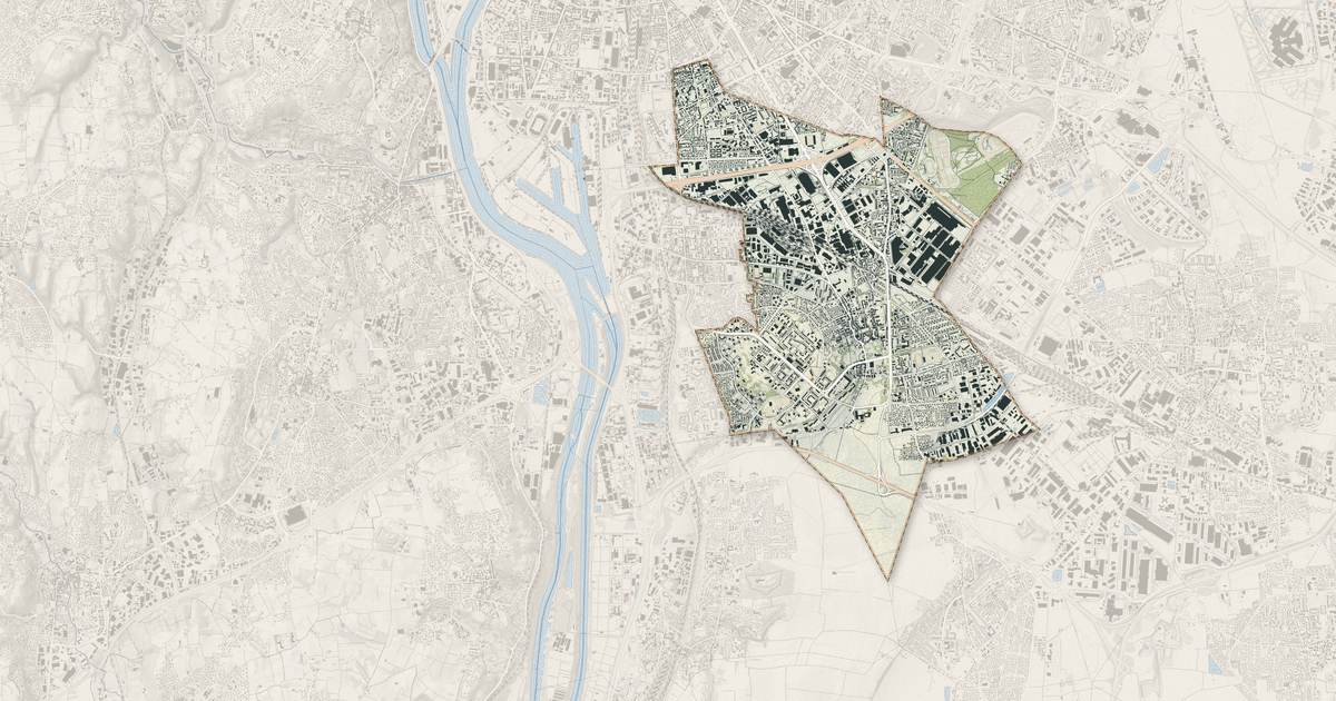 Portrait cartographique de Vénissieux : relief, eau, forêts, bâti et voies, calculés à partir des données de l'IGN