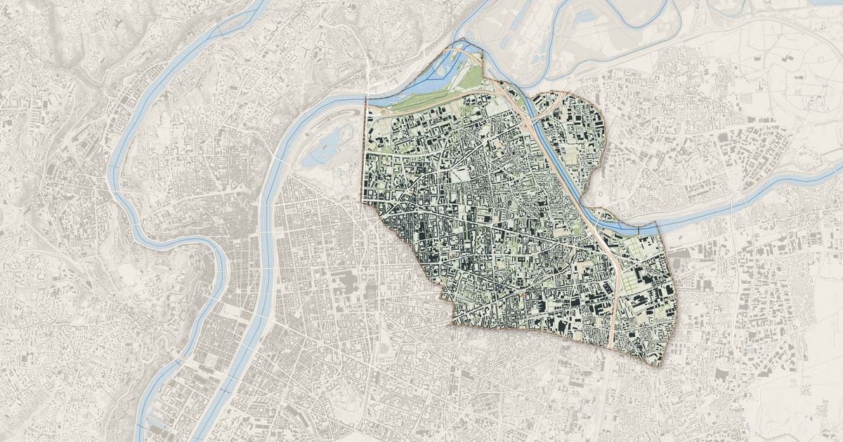 Portrait cartographique de Villeurbanne : relief, eau, forêts, bâti et voies, calculés à partir des données de l'IGN