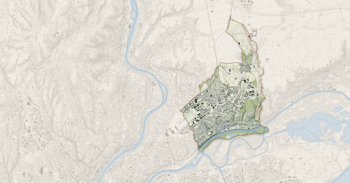 Portrait cartographique de Rillieux-la-Pape : relief, eau, forêts, bâti et voies, calculés à partir des données de l'IGN