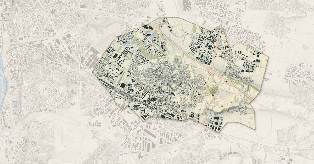 Portrait cartographique de Saint-Priest : relief, eau, forêts, bâti et voies, calculés à partir des données de l'IGN